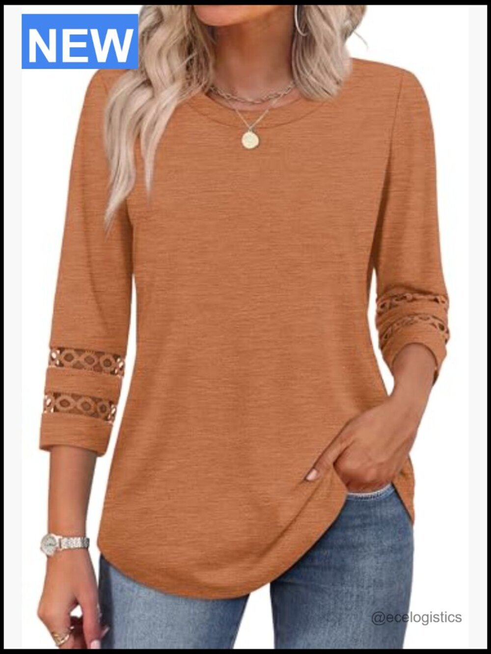 3/4 Sleeve Dressy Casual Tops Crewneck Loose Fit Blouses Women's Fashion - Picture 3 of 7